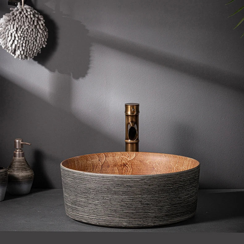 JIENI Art Keramik-Badezimmer-Waschbecken-Set, ovales Waschbecken, antikes Messing, Bambus-Wasserhahn, Pop-Up-Abfluss-Kombination, hochwertige Waschbecken aus Porzellan