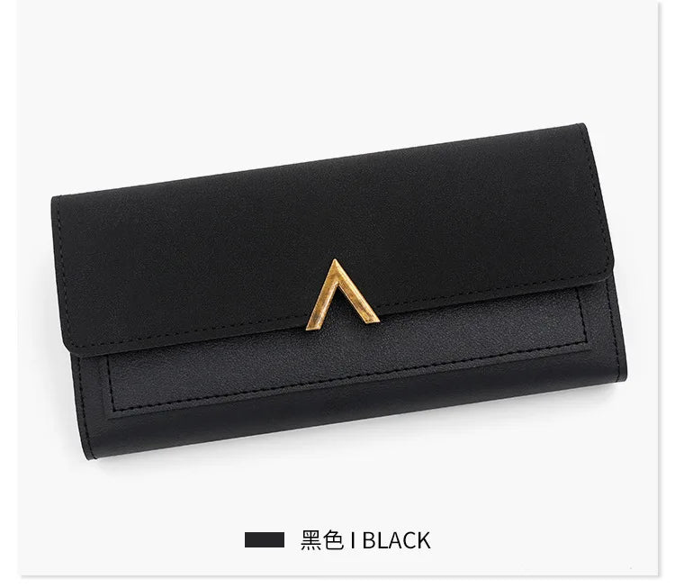 New Korean version women's wallet long V-shaped buckle three fold wallet for women, hand-held bag, change card bag.