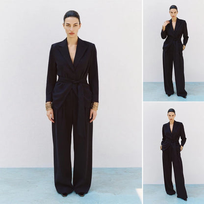 Mia Muse Boutique Women's Sets Autumn Fashion Plain Lace-Up Long Sleeve Lapel Natural Waist Full Length Casual Pants Sets.