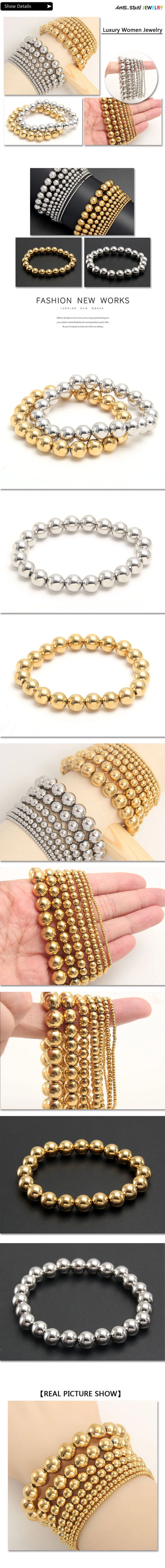MHS.SUN Trend Stretch Stainless Steel Bracelets Gold Sliver Color 2MM 5MM 8MM Stacked Ball Beaded Bracelet For Women Men Jewelry