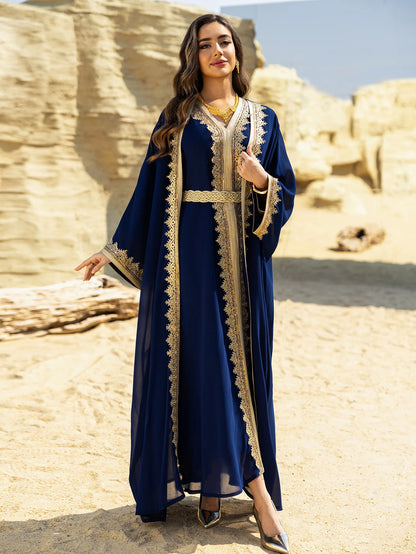 Eid Frauen Abaya Kleid Muslim 2-teiliges Set Strickjacke mit Innenkleid Schnürmantel Kaftan Robe Jalabiya Ramadan Marokko Kaftan 2025