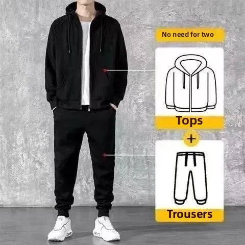 Pure Color Sportswear Set Hooded Open Cardigan Men's Women's Couple Sweatshirt Two-Piece Set for Autumn Winter Spring.