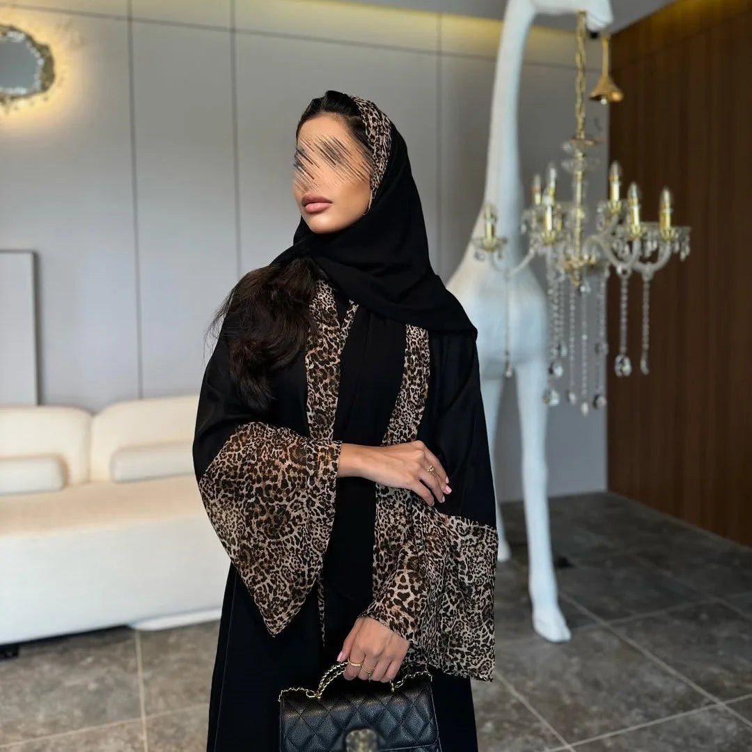 Eid Women Muslim Abaya Leopard Cardigan with Scarf Dress 2025 Vestidos Largos Caftan Robe Jalabiya Ramadan Morocco Dubai Kaftan.
