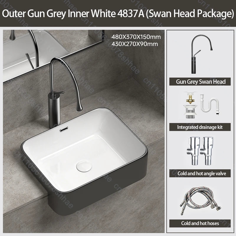 Porcelain Ceramic Vessel Sink with Drain Semi Recessed Vanity Art Sink Wash Basin Bowl for Modern Home Bathroom Decor Washbasin