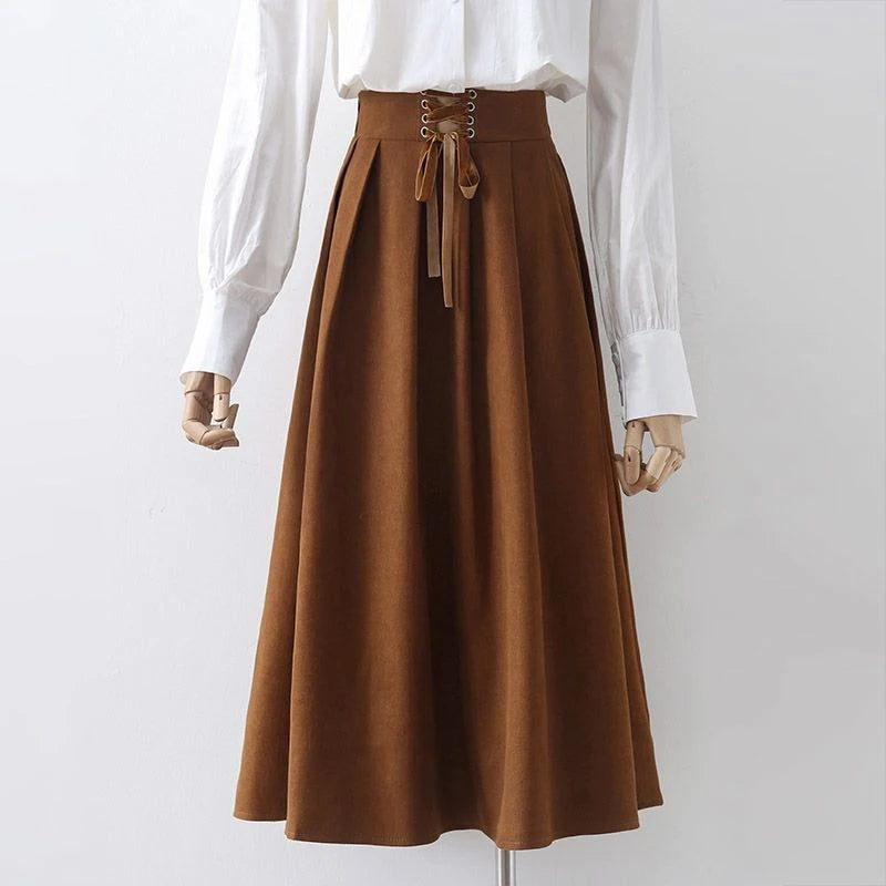 Preppy Style Vintage Long Skirts Women High Waist Sweet Loose A Line Skirt Lace Up Retro Fall Winter Female Elegant Long Skirts.
