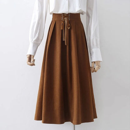 Preppy Style Vintage Long Skirts Women High Waist Sweet Loose A Line Skirt Lace Up Retro Fall Winter Female Elegant Long Skirts.