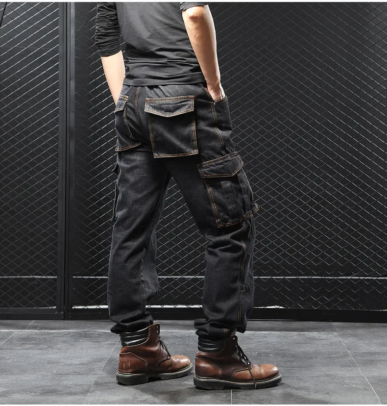 Men's Autumn/Winter Multi-Pocket Straight-Leg Cargo Pants Loose Fit Plus Size Plus Beefy Jeans Casual Comfortable Denim Trousers.