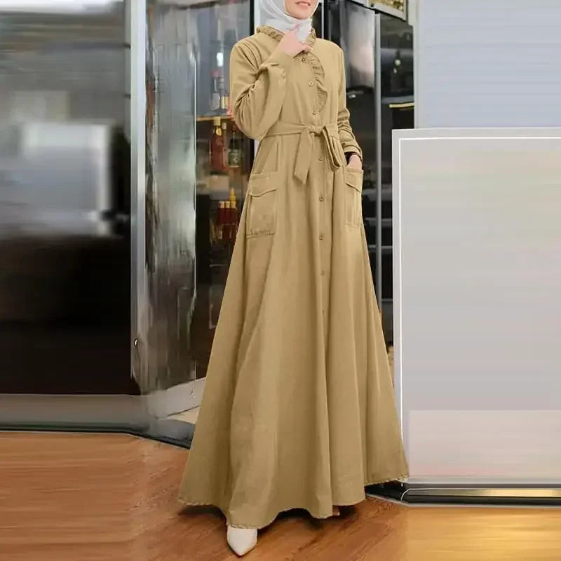 2025 Fashion Arab Style Lace-up Maxi Dress for Women Muslim Abaya Vintage Plain Long Dresses Hijab Islamic Robe Elegante Femme.