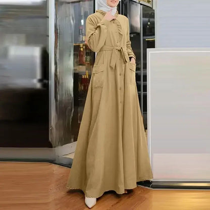 2025 Fashion Arab Style Lace-up Maxi Dress for Women Muslim Abaya Vintage Plain Long Dresses Hijab Islamic Robe Elegante Femme.