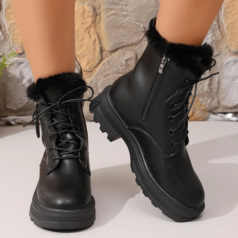 Women's Autumn Winter Ankle Boots Thick Sole Warm Plush Cotton Shoes Woman Fashion Black White Pu Leather Platform Botas Mujer.