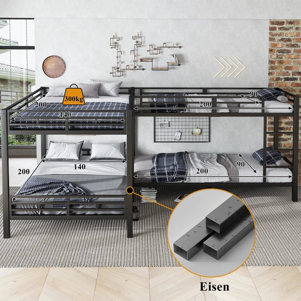 Eisenbett, Etagenbett, dreistufige Leiter, stabiles Gitter, Mehrbettkonfiguration, Betten in verschiedenen Größen, 90 x 200 cm und 140 x 200 cm