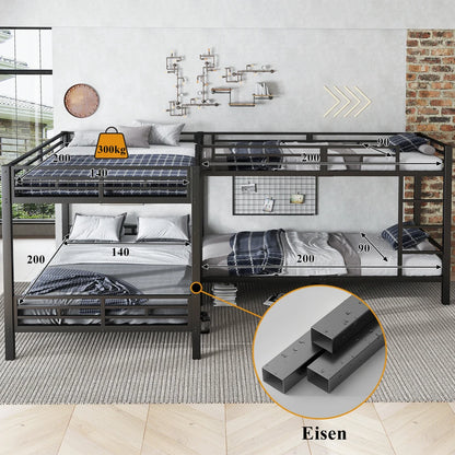 Eisenbett, Etagenbett, dreistufige Leiter, stabiles Gitter, Mehrbettkonfiguration, Betten in verschiedenen Größen, 90 x 200 cm und 140 x 200 cm
