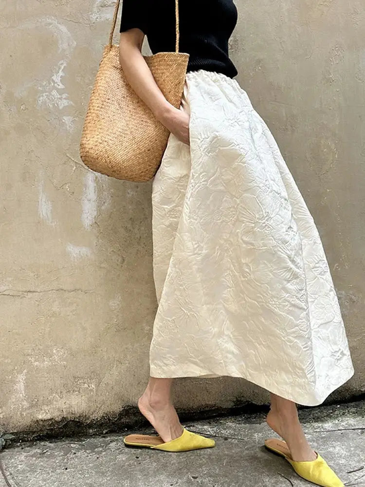 2024 New Arrival Spring/summer Arts Style Women Casual Loose Fit Elastic Waist A-line Jacquard Design Ankle-length Skirt P02.