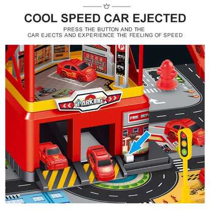 Garage Racing Track Sliding Car Parking Lot Toys Multi-Storey Car Parking Fire Police Engineering Mini Vehicle Toy for Boys Gift.