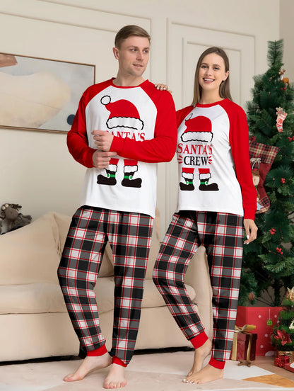 Christmas Couple Pajamas Set - Raglan Sleeve White & Red "Santa's Crew" Print & Plaid Pants Sleepwear.
