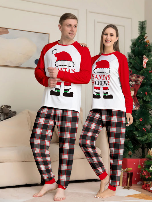 Christmas Couple Pajamas Set - Raglan Sleeve White & Red "Santa's Crew" Print & Plaid Pants Sleepwear.