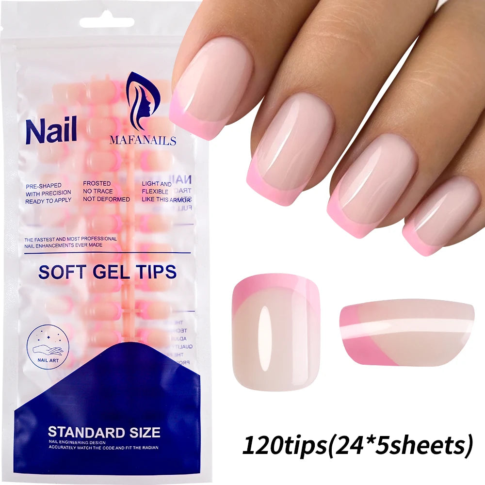 120Pcs=24*5 French Short Square Coffin False Nail White Pink Simple Wearable Fake Nails Glossy Full Cover Press on Nail Tips Art