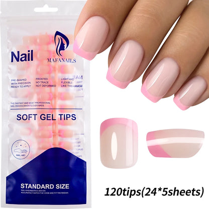 120Pcs=24*5 French Short Square Coffin False Nail White Pink Simple Wearable Fake Nails Glossy Full Cover Press on Nail Tips Art