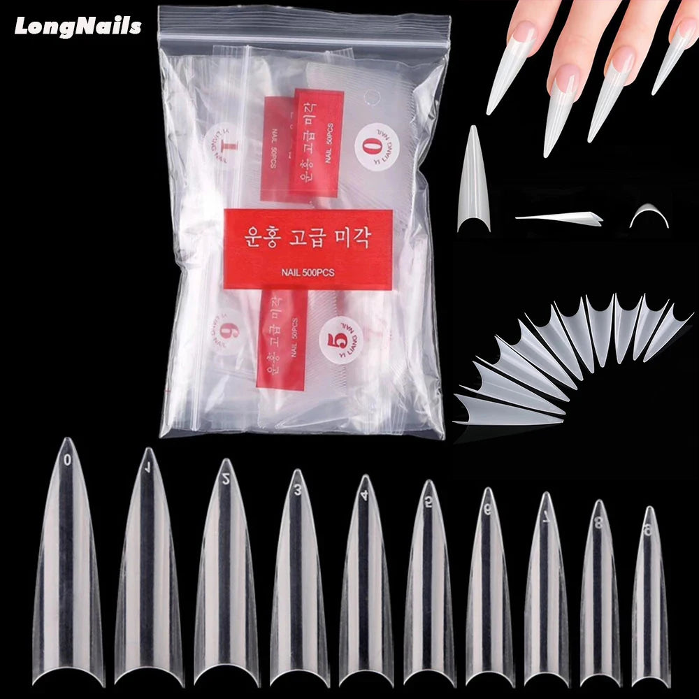 500/600pcs Long Pointed Fake Nail Tips Stiletto Half Cover French Acrylic UV Gel False Nail Extension Press On Nails Manic Tool.