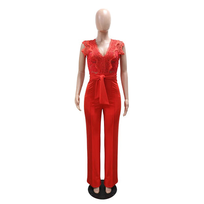 Women's Sexy Sleeveless Lace Patchwork Jumpsuits Solid Color Hollow Out Belted Wide Leg Rompers.
