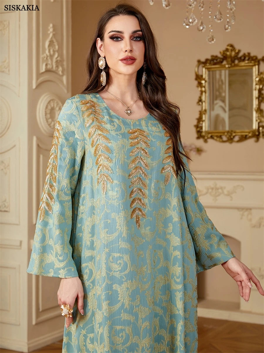 Siskakia Ramadan Dubai Elegant Floral Print Abayas For Muslim Women's Jacquard Beading Kebaya O-Neck Long Dresses.