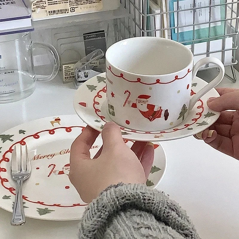 Santa Claus Ceramic Coffee Cup and Saucer Suit Hand-painted Christmas Plate Home Breakfast Milk Juice Cup Fruit Dessert Plate.