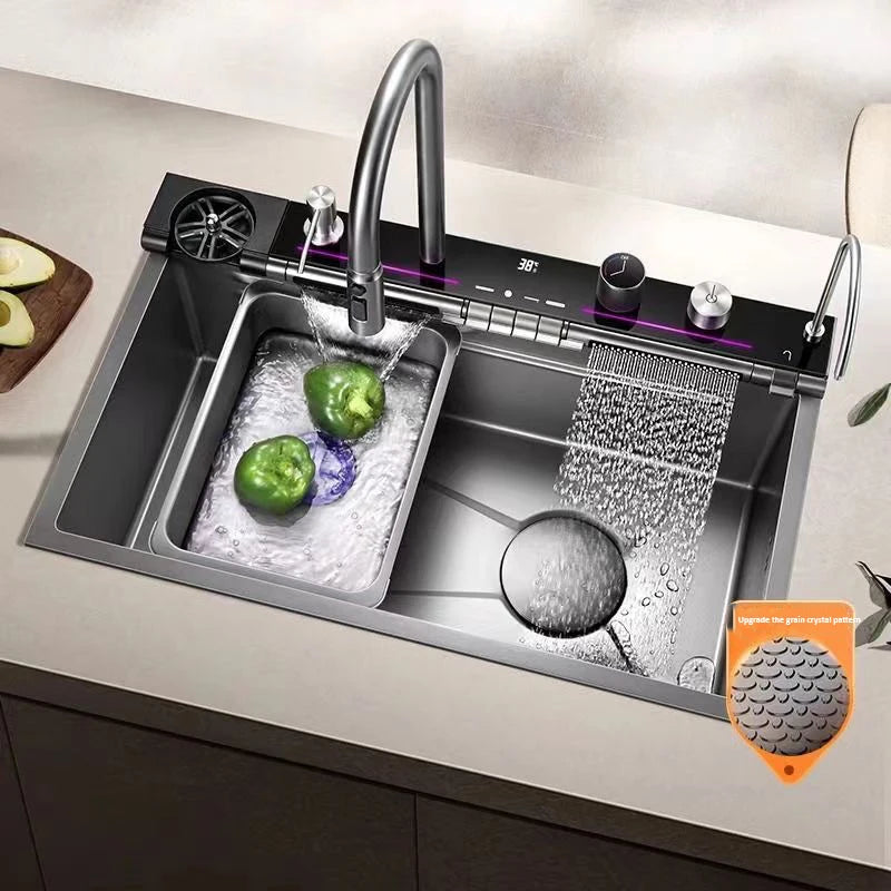 Blue Whale Arowana Multifunctional Kitchen Sink Single Bowl Nano Black Honeycomb LED Digital Display Stainless Steel for Home