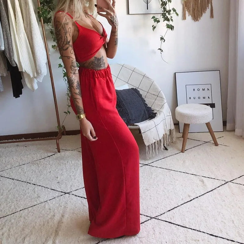 Sexy Two Piece Set Women Outfit 2025 Summer Butterfly Print V-Neck Cropped Top High Waist Drawstring Casual Wide Leg Pants Sets