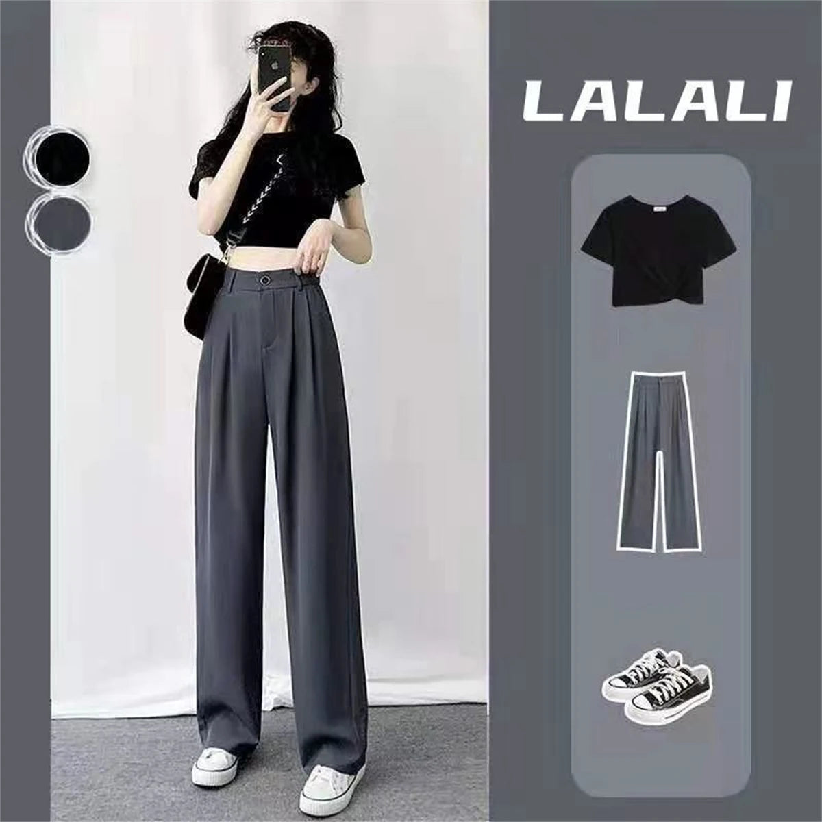 Fashion High Waist Wide Leg Pants Women Spring Fall Baggy Black Trouser Office Ladies Full Length Straight Suit Pant Outwear New.