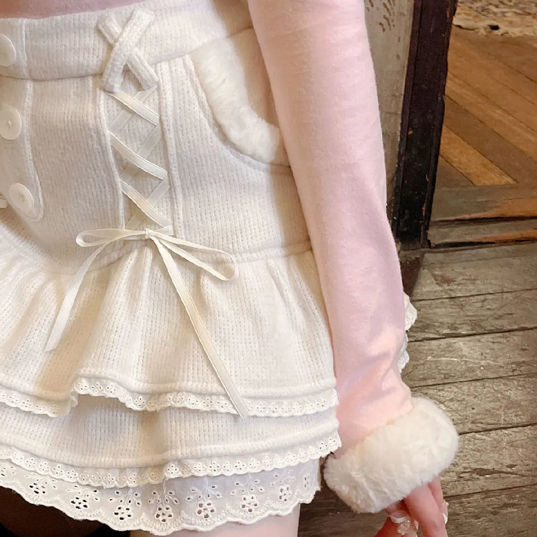 Japanese lolita kawaii clothes pink mini skirt with shorts Lace High Waist korean style women 2025 new fall White skirt fluffy.