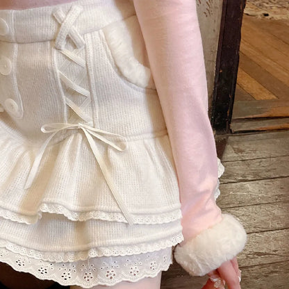 Japanese lolita kawaii clothes pink mini skirt with shorts Lace High Waist korean style women 2025 new fall White skirt fluffy.