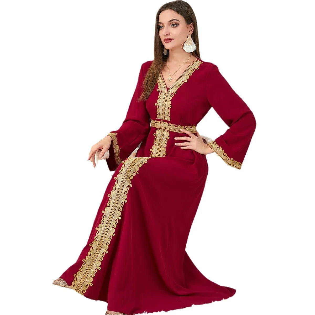 Muslimische Damenbekleidung, reine Farbe, Spleißen, Basic, lockerer, bestickter langer Rock, langärmeliges Kleid.