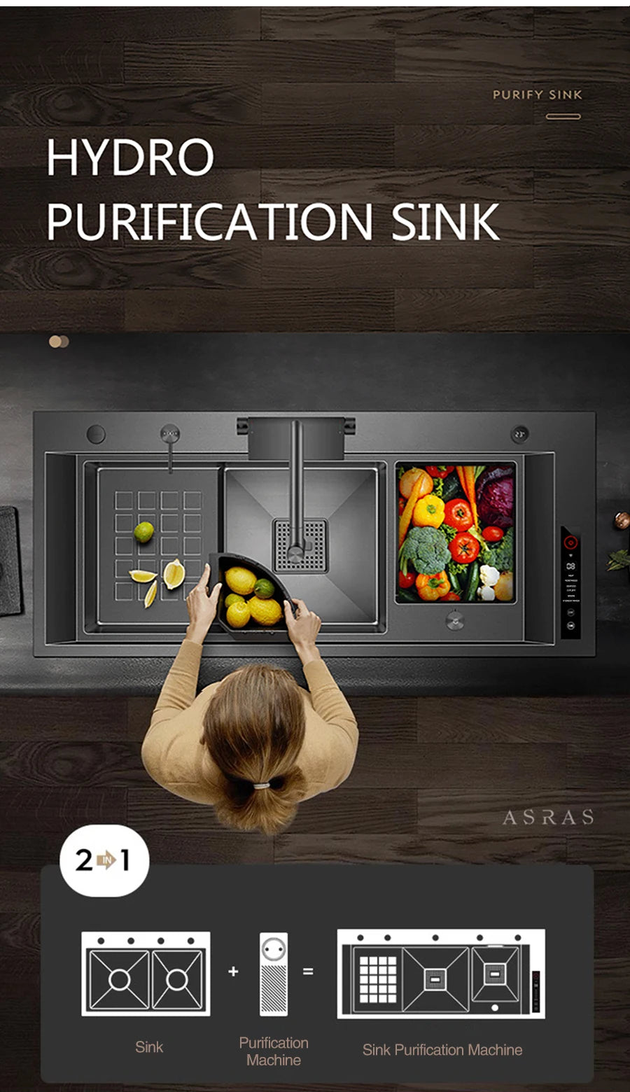 ASRAS Nanometer Smart Purifying Kitchen Sink Large Size Handmade Step Sink Smart Purifying Kitchen Island Sinks