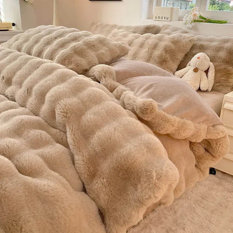 4pcs Grey Rabbit Fur Bedding Set Thick Milk Plush Winter Duvet Cover Warm Bed Sheets, Queen Size Four Piece Set  Bedroom Decor.