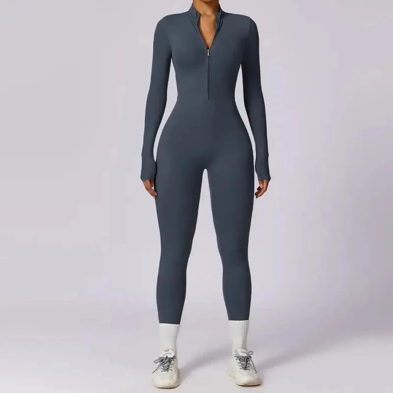 Fall New Long Sleeve Zipper Tight Butt Show Fitness Pants Women Running Sports Training Yoga Clothes Black One-Piece Suit