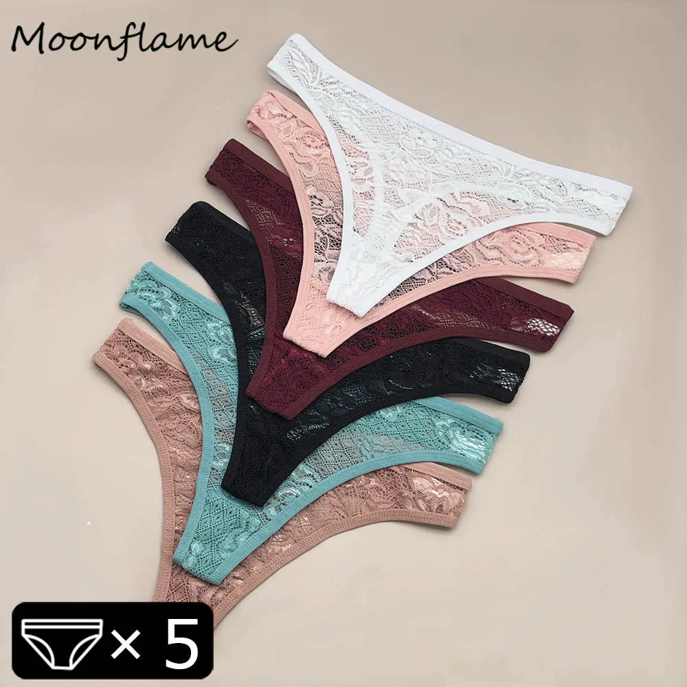 Moonflame 5Pcs Lace Cotton Thongs Underwear Lingerie For Women T-back Ladies Transparent G-string Girls Panties