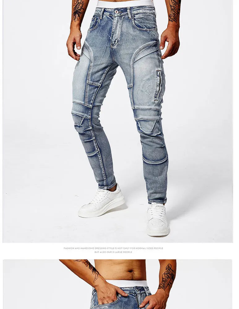 Two tone distressed patchwork jeans for men trendy jeans for summer thin straight leg pants slim fit small leg distressed jeans.