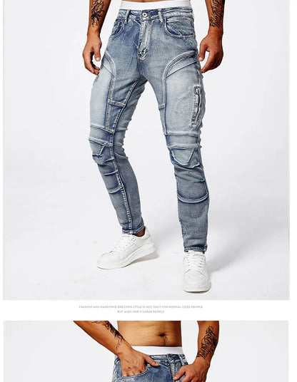 Two tone distressed patchwork jeans for men trendy jeans for summer thin straight leg pants slim fit small leg distressed jeans.