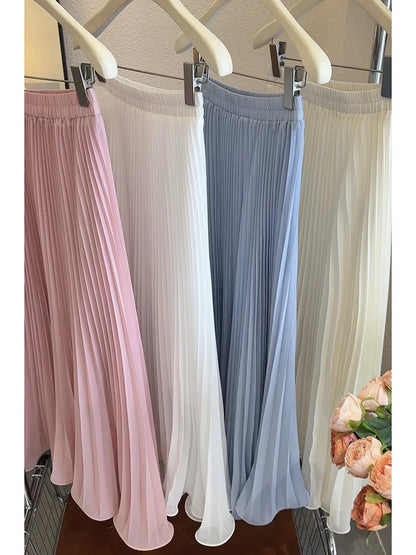 Women's Summer Elegant Pleated Elastic Waist Chiffon Long Skirt Lady High Waist A Line Streetwear Solid Color Skirt.