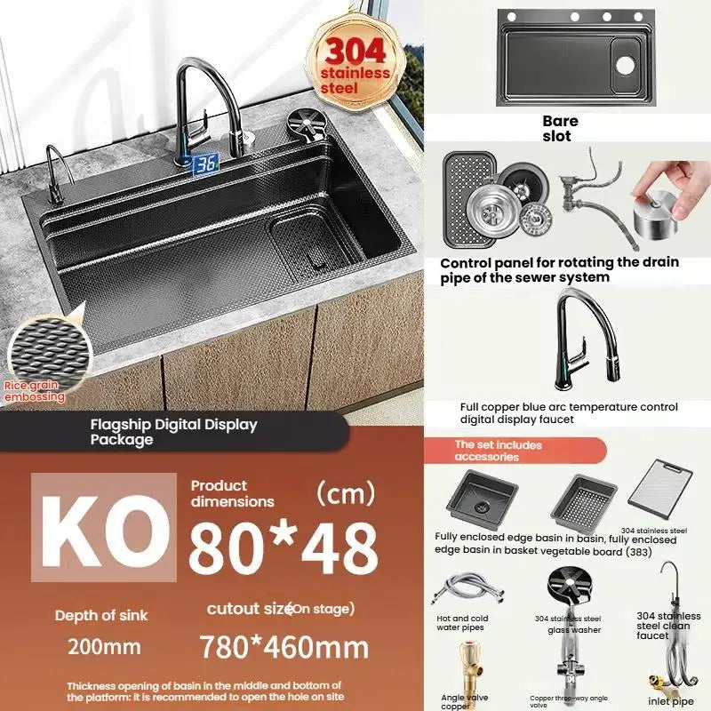 Gray 304 Stainless Steel Kitchen Sink Wash Dish Bowl Nano Embossing Large Single Slot Multifunctional Household Undermount Basin