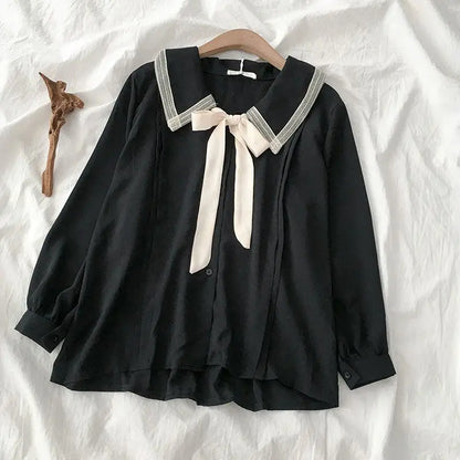 Large Size Niche Design Sense Single-breasted Women Shirt Autumn New Korean Lace-up Bow Blouse Female Solid Color Women Shirt.