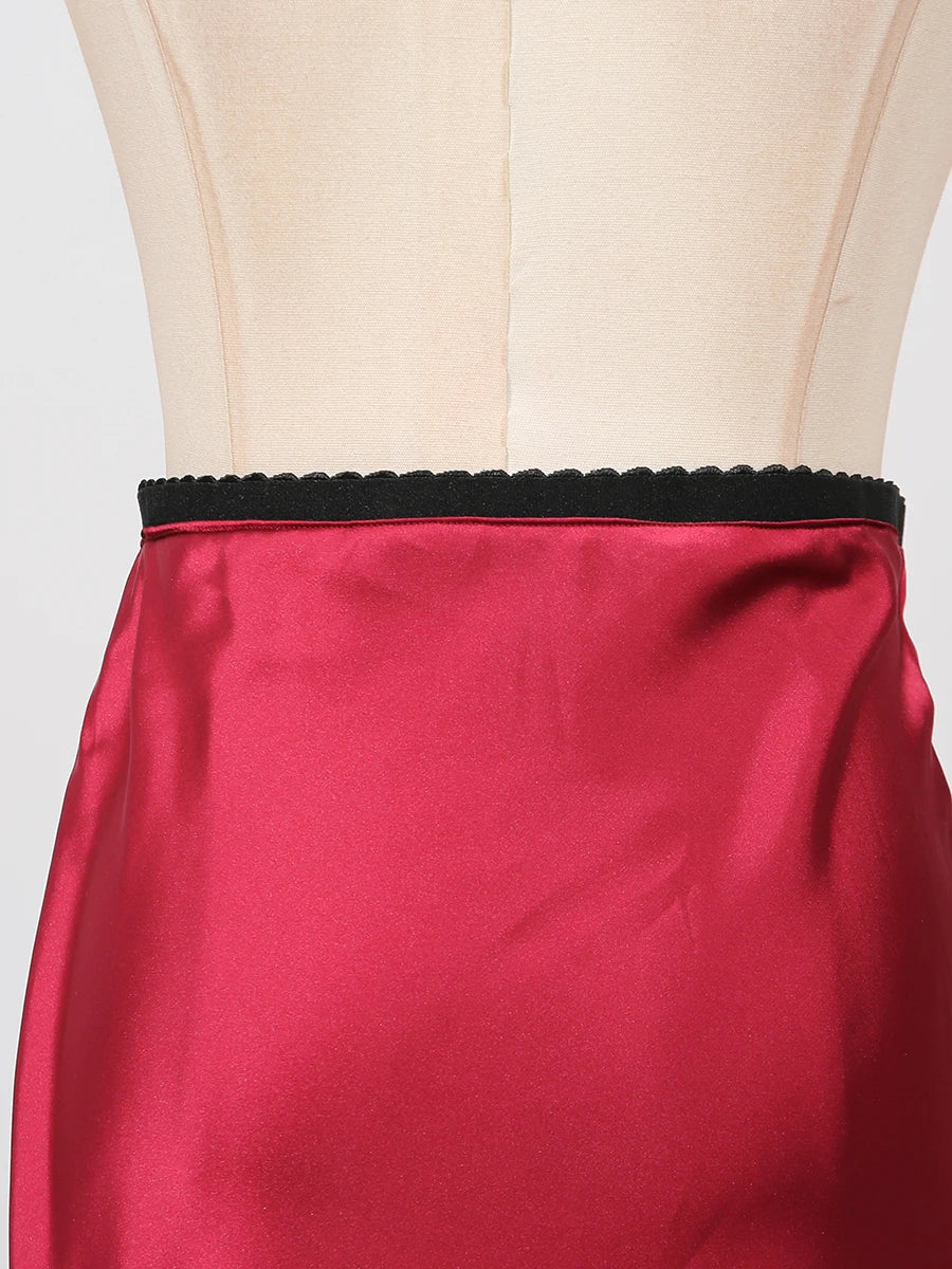 GALCAUR Hit Color Sheer Spliced Lace Elegant Skirts for Women High Waist Patchwork Split Temperament Skirt Female Fashion Style.