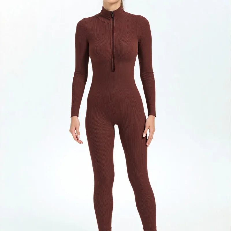 Seamless Ribbed Knit Bodysuit Women Zip Up Stand Collar Long Sleeve Thumbhole Yoga Romper Winter Thermal Workout Outfit.