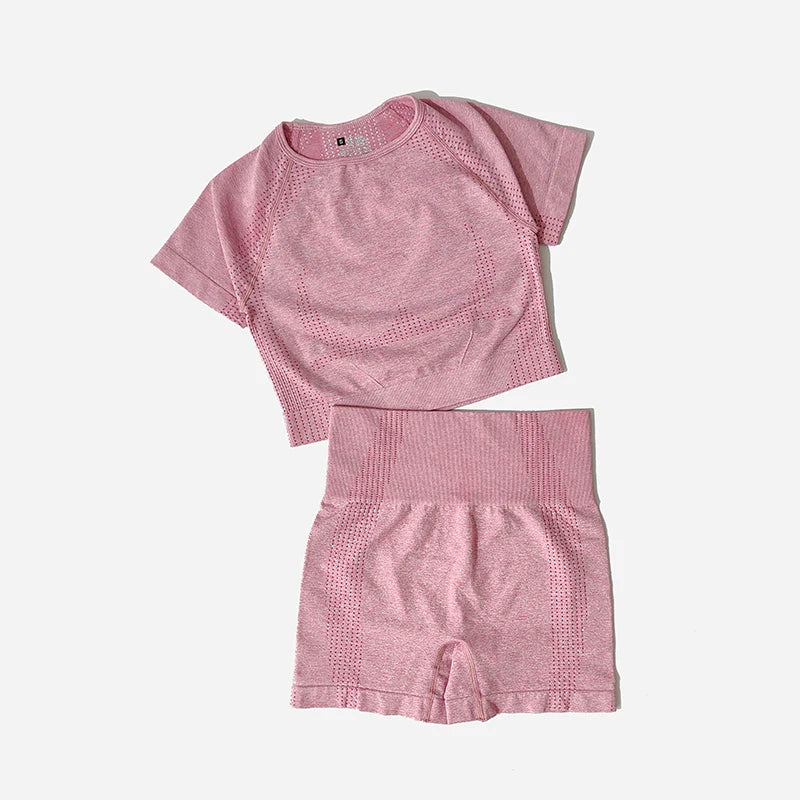 Seamless Women Yoga Set Crop Top Short Sleeve Shirt Fitness Shorts Workout Clothes For Women Gym Clothing Yoga Sport Set.