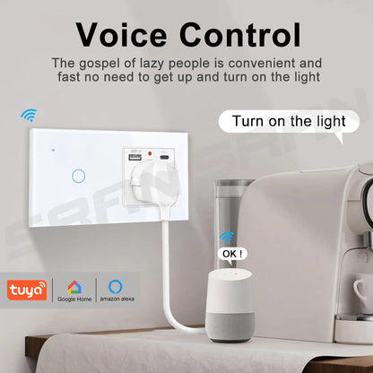 SRAN Smart Switch mit Wandsteckdose 16A EU, Tuya Smart Life Home Touch Sensor WiFi Lichtschalter Weiß.