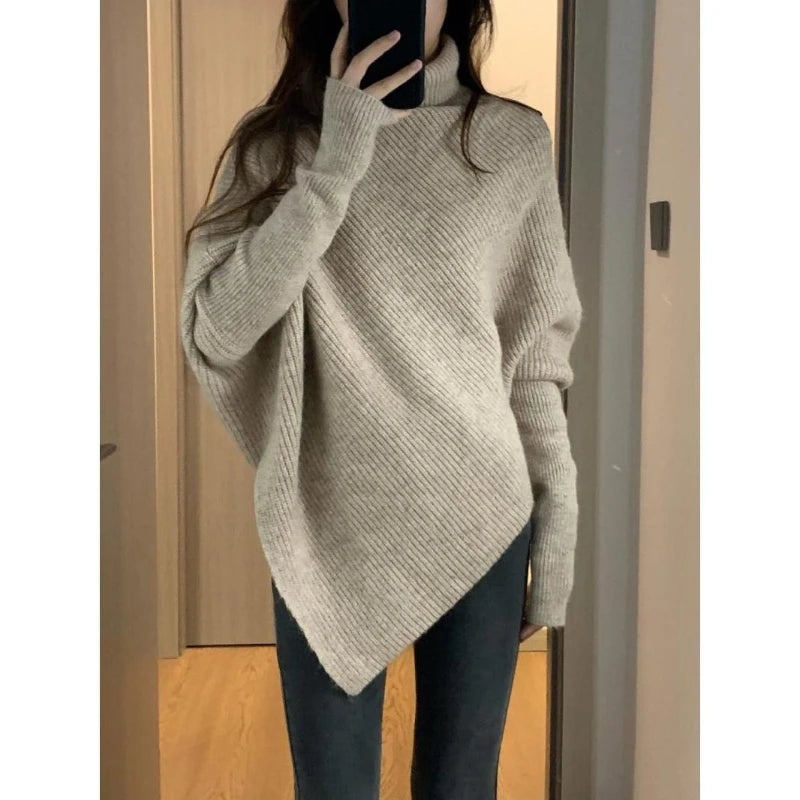 Herbst Winter Neue Frauen Pullover Koreanische Mode Chic Casual Rollkragen Solide Asymmetr Lose Batwing Hülse Pullover Gestrickte Tops.