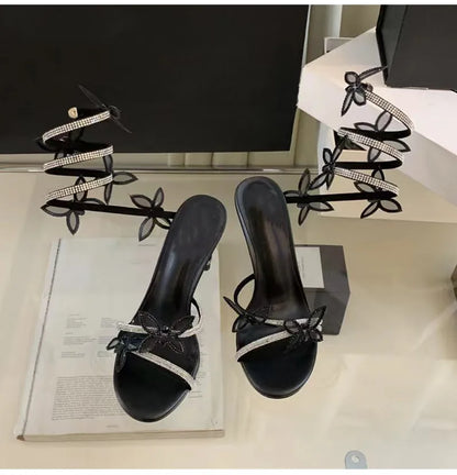 Luxury Crystal Embellished Butterfly Detail Women Sandals Sexy Coiled Strap Thin High heels Gladiator sandals Summer Party Shoes