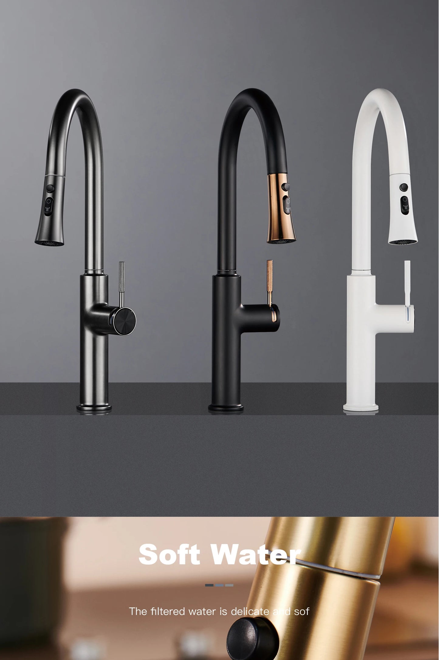 Luxury brushed gold kitchen faucet with pull-out design, 1-hole single handle cold and hot dual control dual function sink Tap