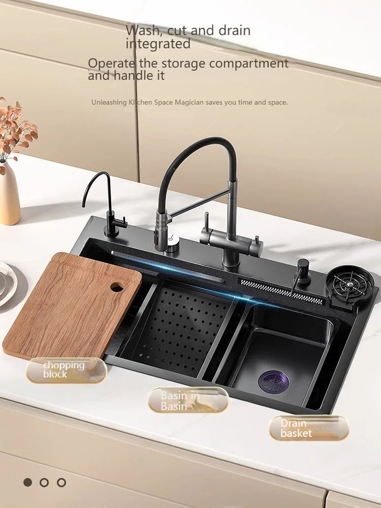 Stainless Steel Kitchen Sink With Waterfall Nano Embossed Large Single Slot Vegetable and Dishwashing Sinks Udermount Basin