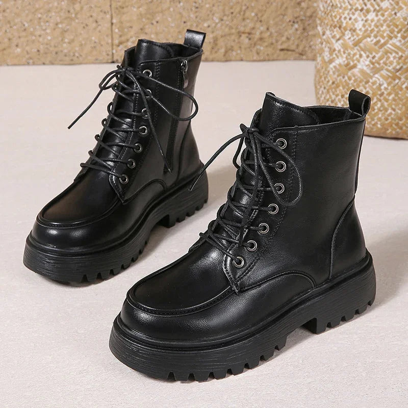 Women's Pu Leather Platform Ankle Boots Plus Size 35-42 Lace Up Motorcycle Boots Women Comfort Wide Leg Black Short Booties